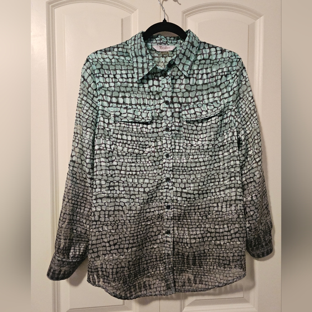 Tanjay Blouse Shirt  Animal Print Womens Semi- Sheer Sz 8 Petite